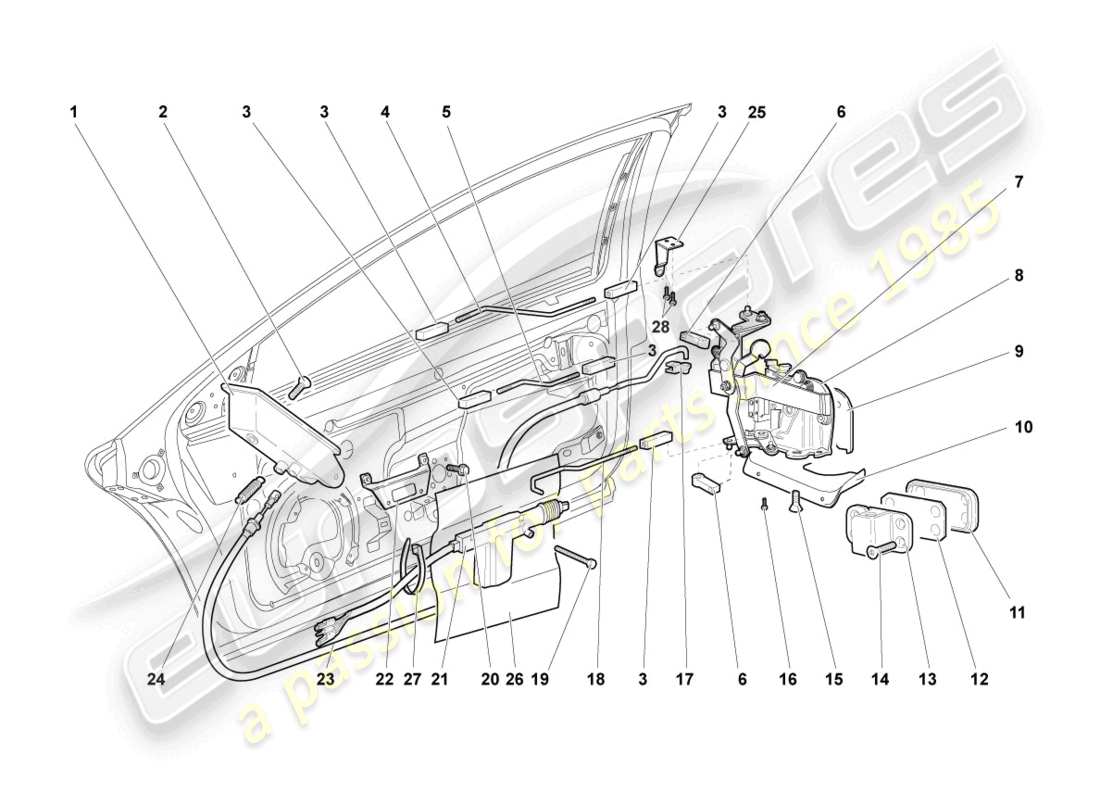 lamborghini murcielago coupe (2002) schema delle parti della serratura della porta