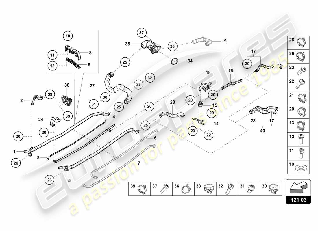 lamborghini performante coupe (2020) tubi e tubi del liquido di raffreddamento diagramma delle parti del centro