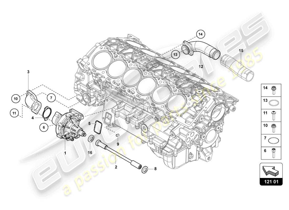 lamborghini lp770-4 svj roadster (2021) schema delle parti della pompa del liquido di raffreddamento