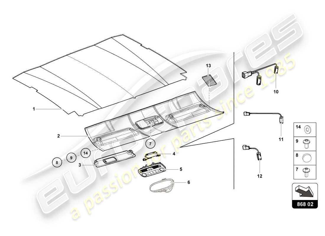 lamborghini lp580-2 coupe (2018) diagramma delle parti del rivestimento del tetto