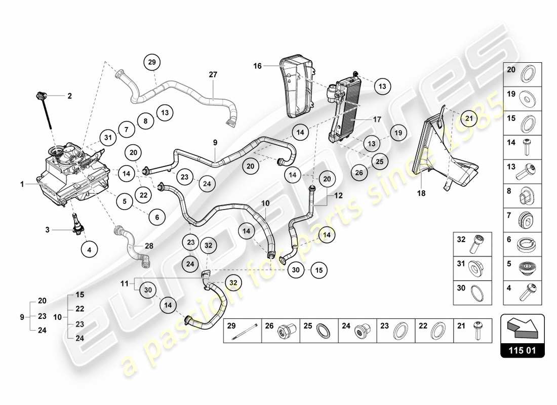 lamborghini performante spyder (2020) impianto idraulico e contenitore fluidi con connect. pezzi schema delle parti