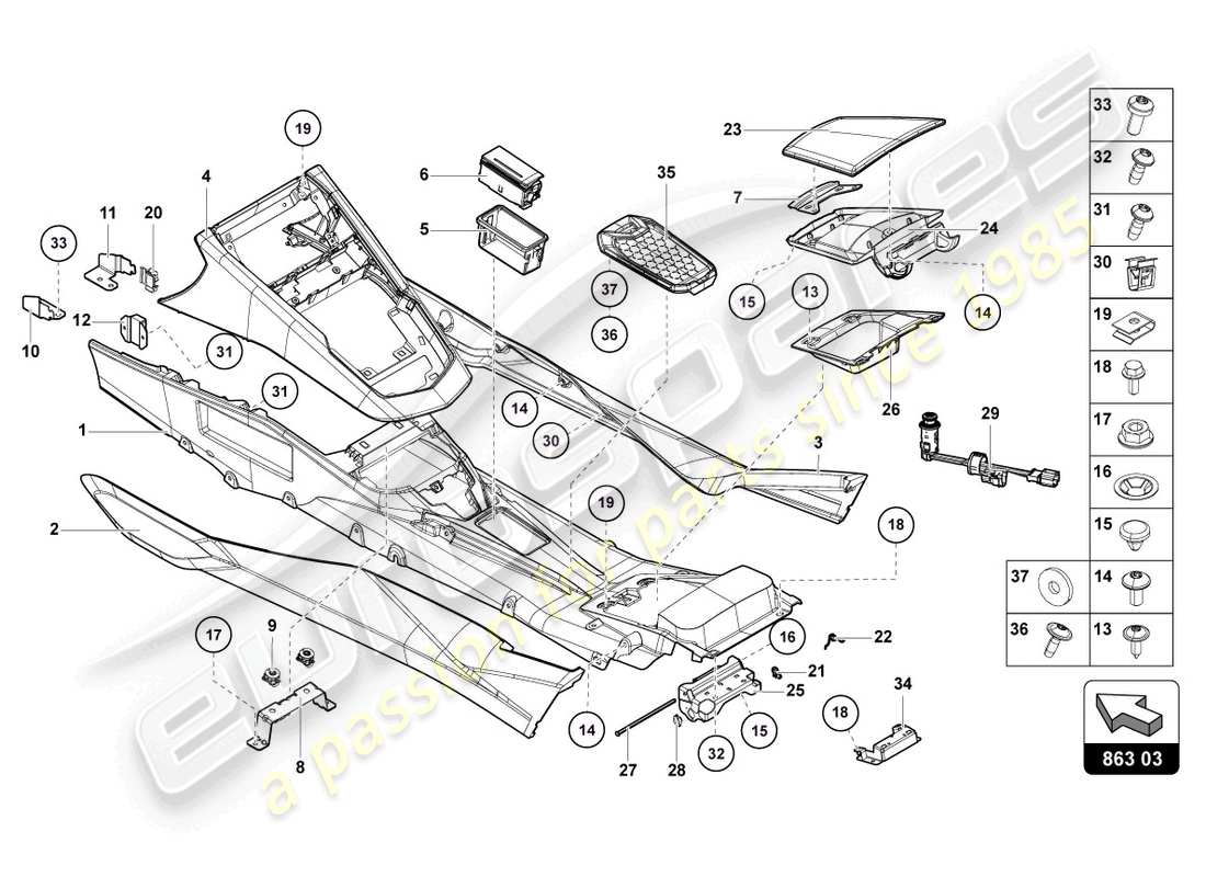 lamborghini lp750-4 sv coupe (2015) tunnel posteriore diagramma delle parti