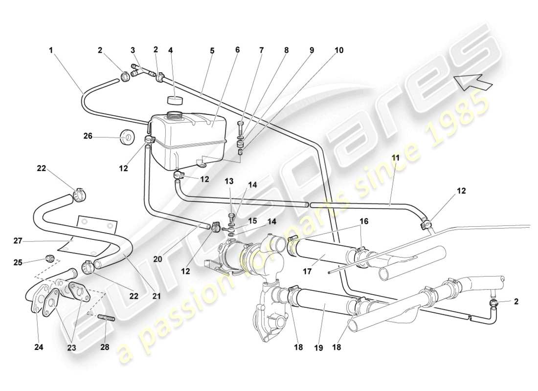 lamborghini murcielago roadster (2005) sistema di raffreddamento del liquido di raffreddamento diagramma delle parti