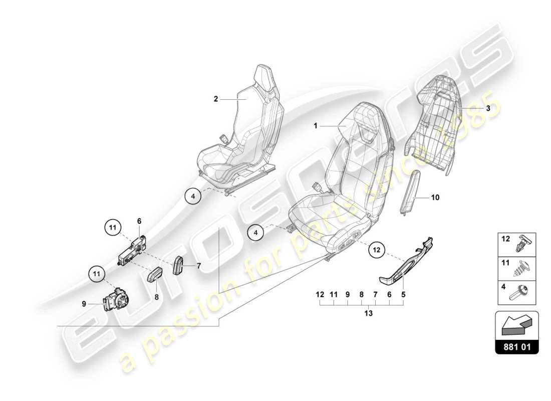 lamborghini evo spyder 2wd (2020) diagramma delle parti del sedile