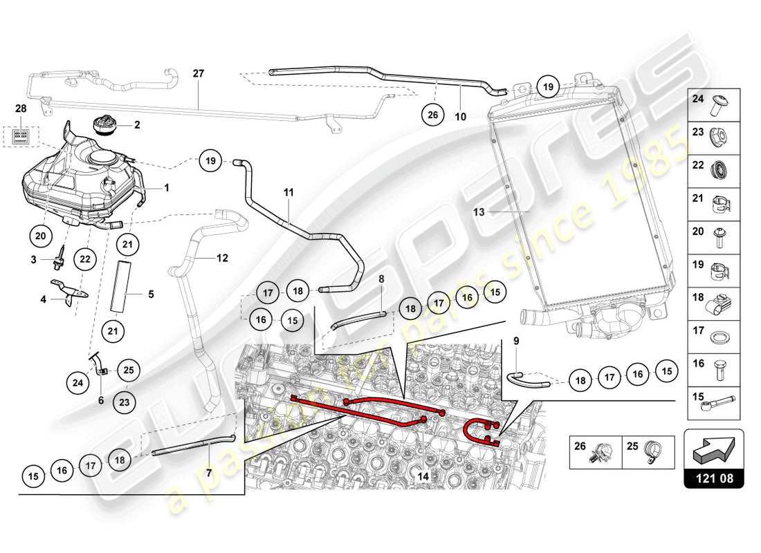 lamborghini lp740-4 s coupe (2021) serbatoio del fluido con indicatore del livello del liquido refrigerante schema delle parti