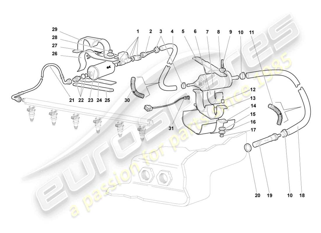 lamborghini murcielago coupe (2003) linea carburante con tubo di sfiato schema delle parti