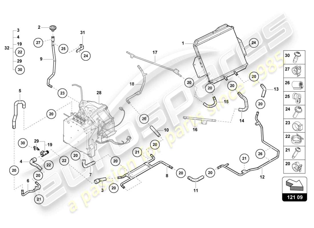 lamborghini sian (2020) schema delle parti del sistema di raffreddamento