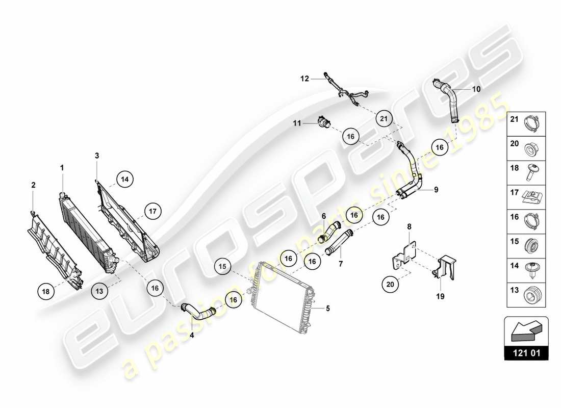 lamborghini 2018 (performante coupe) radiatore per liquido di raffreddamento anteriore centrale schema delle parti
