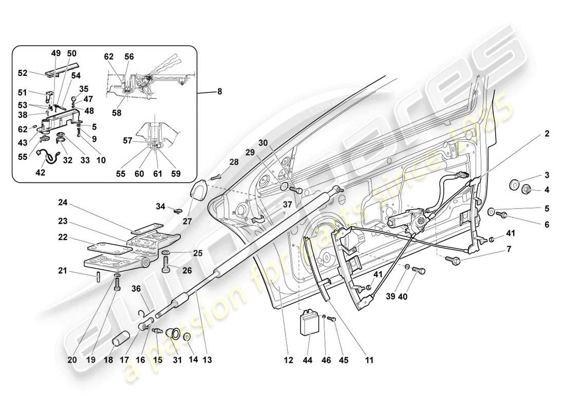 lamborghini murcielago coupe (2003) schema delle parti del regolatore della finestra