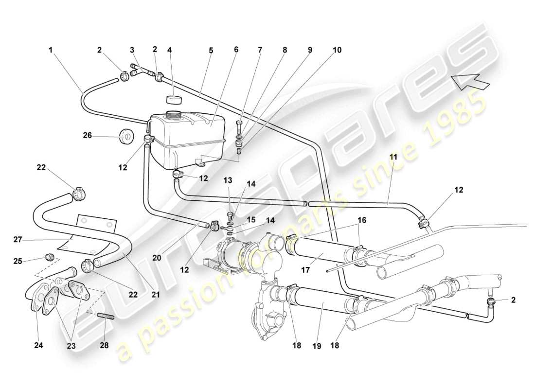 lamborghini murcielago roadster (2006) sistema di raffreddamento del liquido di raffreddamento schema delle parti