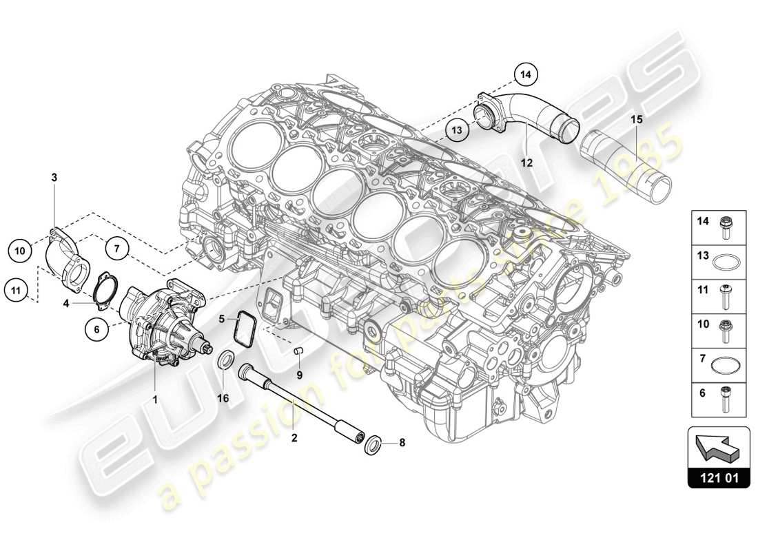 lamborghini 2014 (lp720-4 coupe 50) schema delle parti della pompa del liquido di raffreddamento