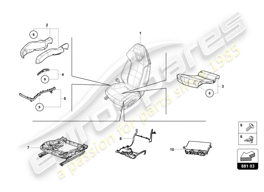 lamborghini lp610-4 coupe (2019) schema delle parti del box sedile