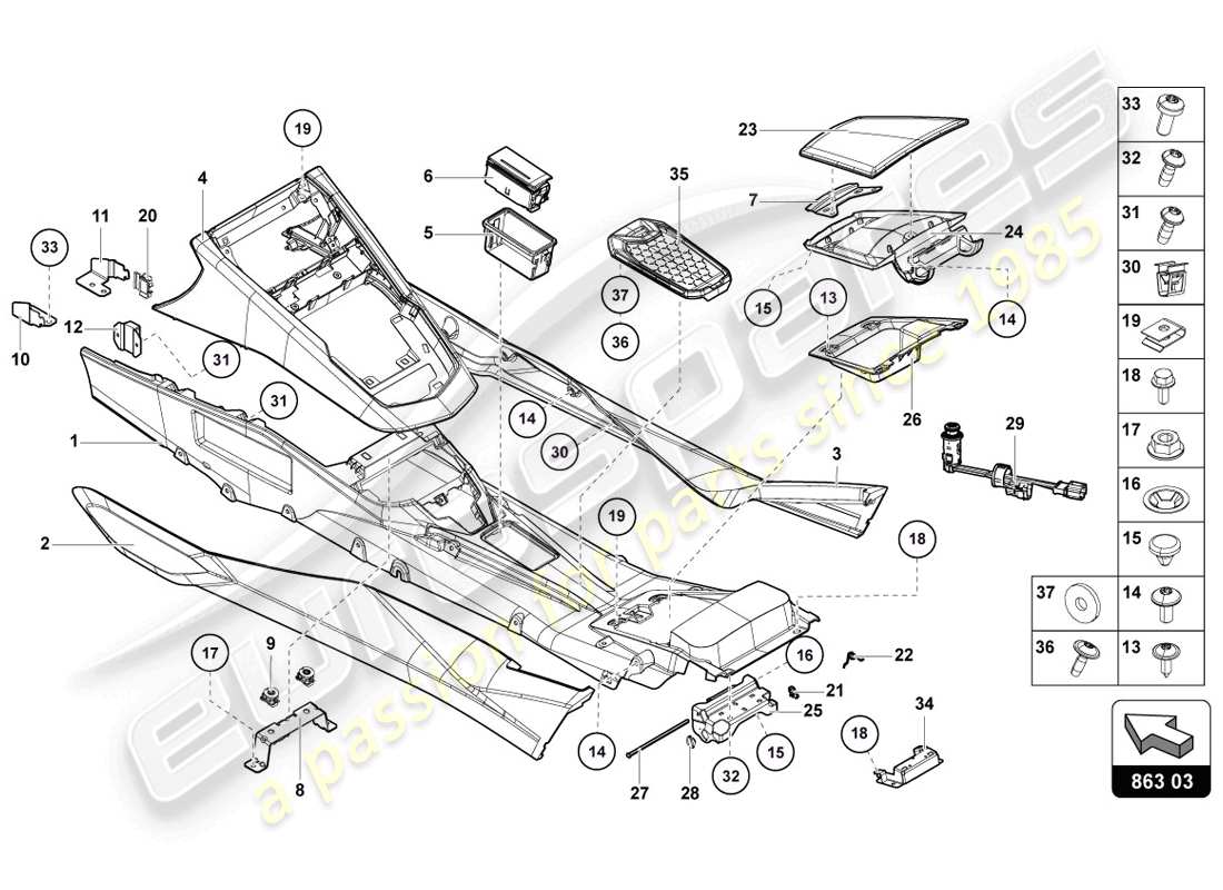 lamborghini lp720-4 coupe 50 (2014) diagramma delle parti del tunnel