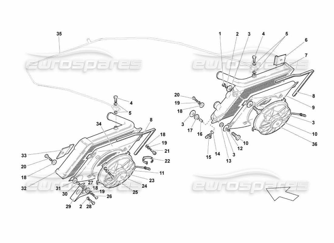 lamborghini murcielago lp670 diagramma delle parti del sistema di raffreddamento ad acqua