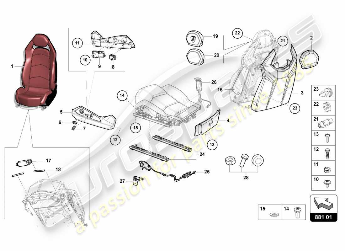 lamborghini centenario coupe (2017) sedile comodo diagramma delle parti