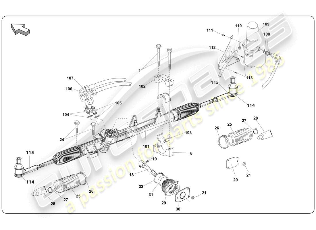 lamborghini super trofeo (2009-2014) diagramma delle parti del pacco servosterzo