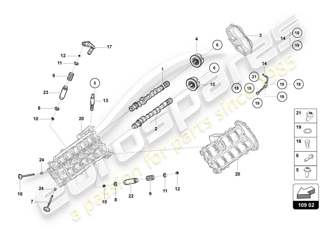 lamborghini performante spyder (2019) schema delle parti albero a camme, valvole