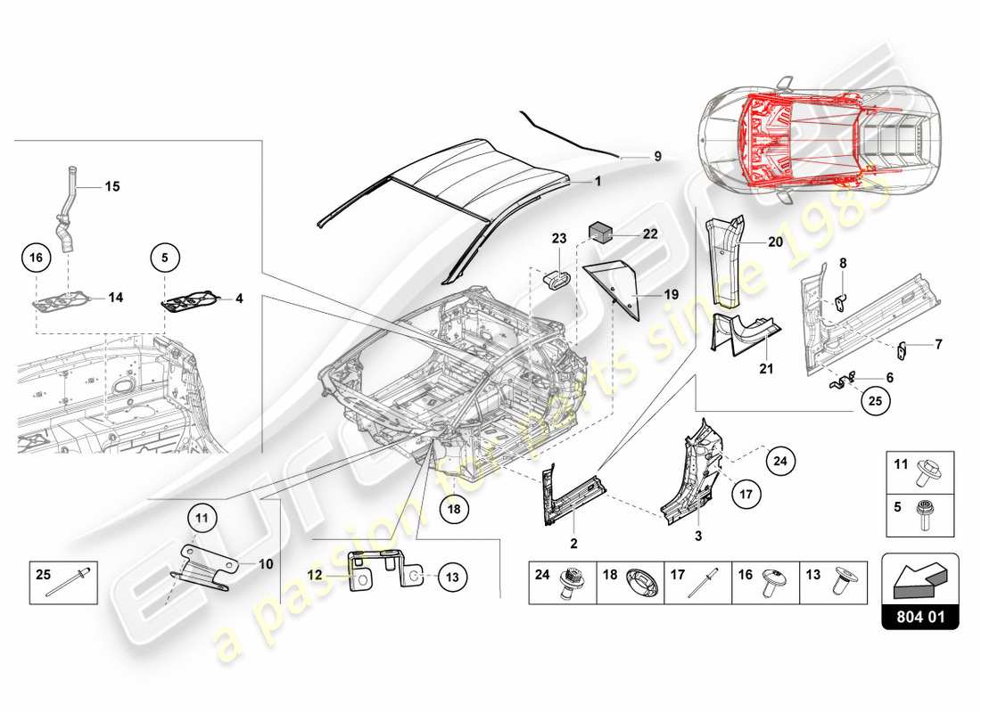 lamborghini lp580-2 coupe (2018) diagramma delle parti del tetto