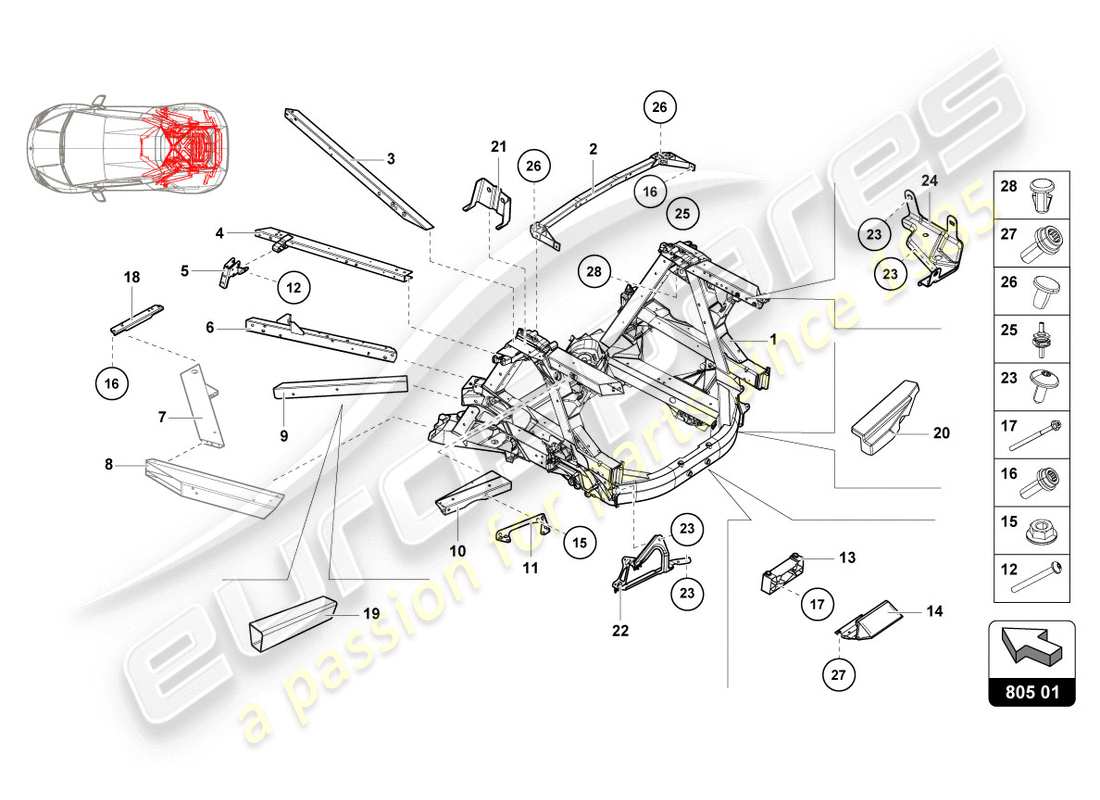 lamborghini evo spyder (2020) diagramma delle parti del telaio