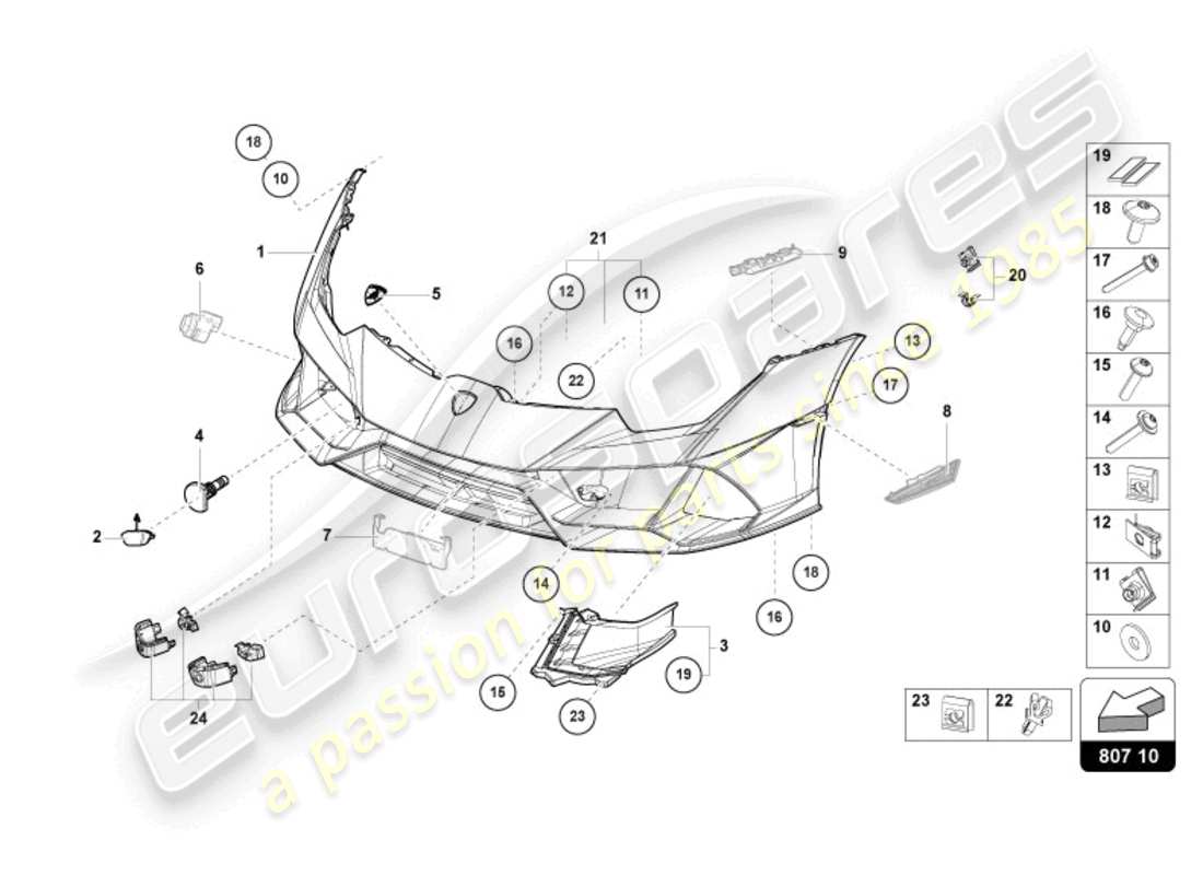 lamborghini evo coupe (2020) diagramma delle parti del paraurti