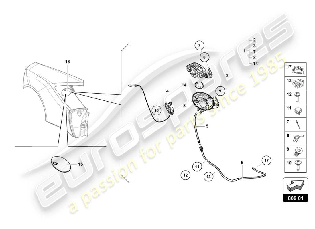 lamborghini performante coupe (2018) sportello del riempimento del carburante diagramma delle parti