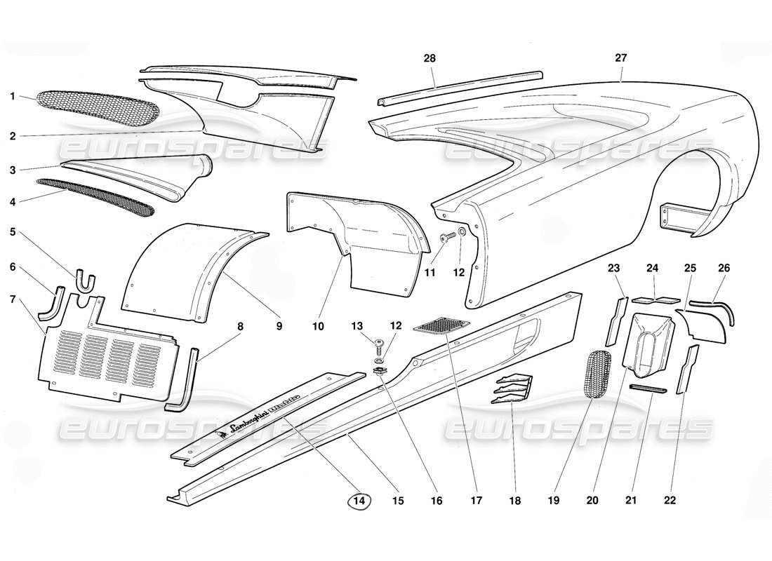 lamborghini diablo (1991) diagramma delle parti del fianco sinistro degli elementi del corpo