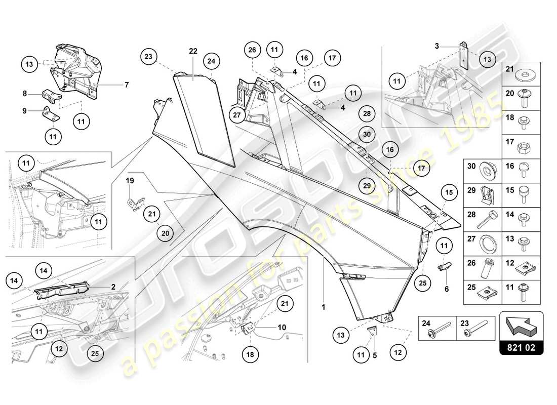 lamborghini 2015 (lp700-4 roadster) schema delle parti della protezione ala