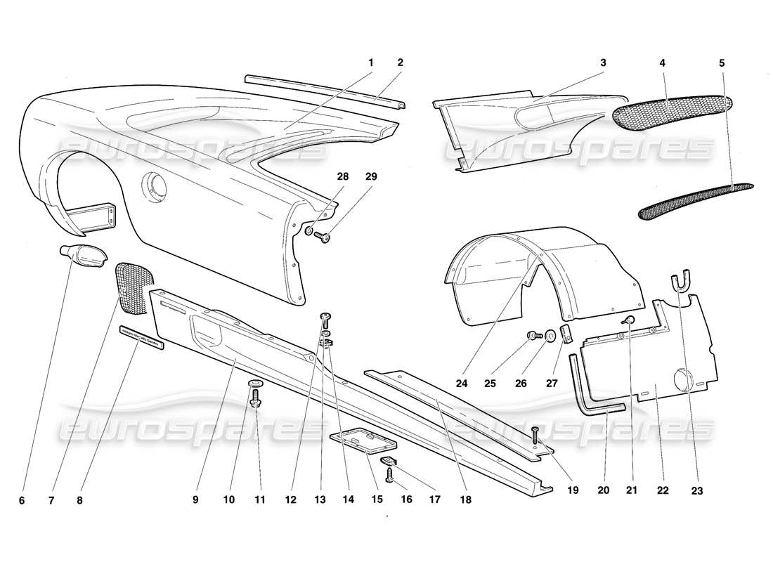 lamborghini diablo sv (1997) elementi del corpo: fianco destro diagramma delle parti