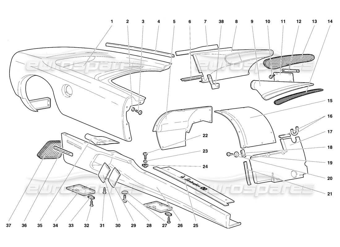 lamborghini diablo se30 (1995) elementi del corpo: diagramma della parte del fianco destro