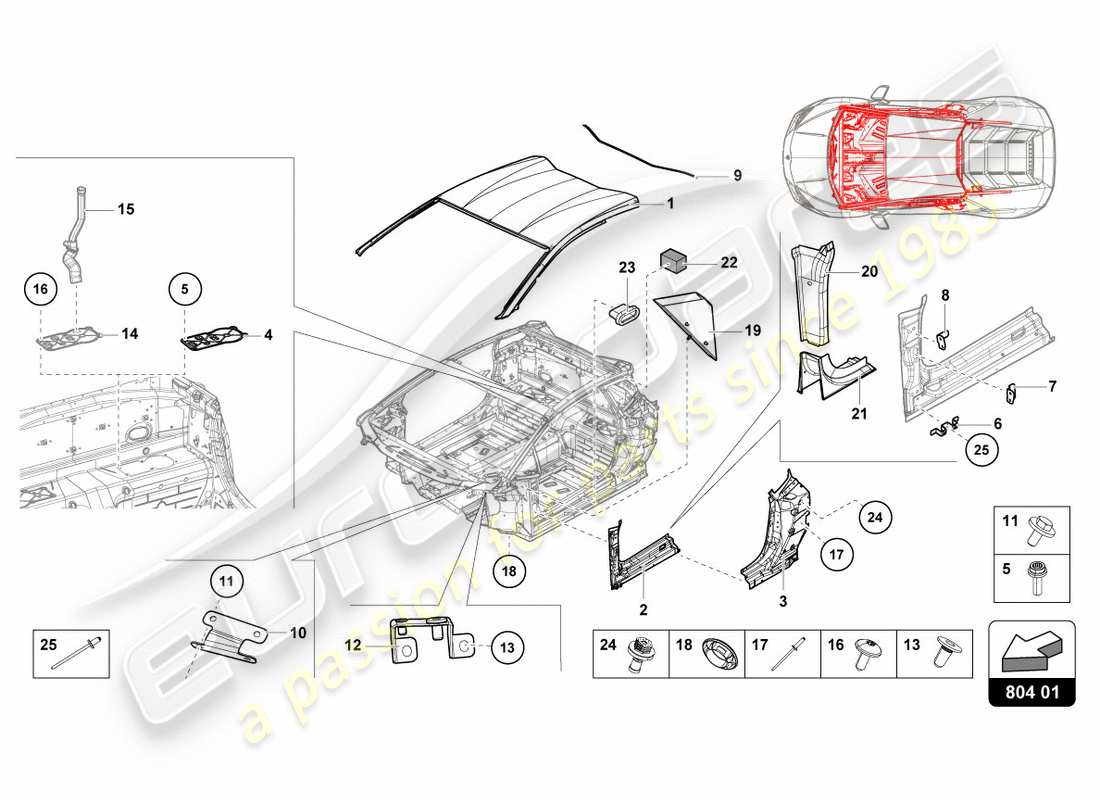 lamborghini 2019 (lp580-2 coupe) diagramma delle parti del tetto