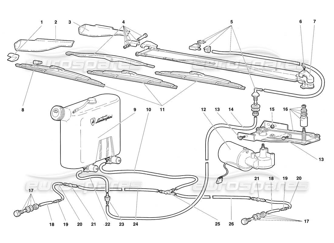 lamborghini diablo sv (1997) schema delle parti dei tergicristalli e dei lavafari
