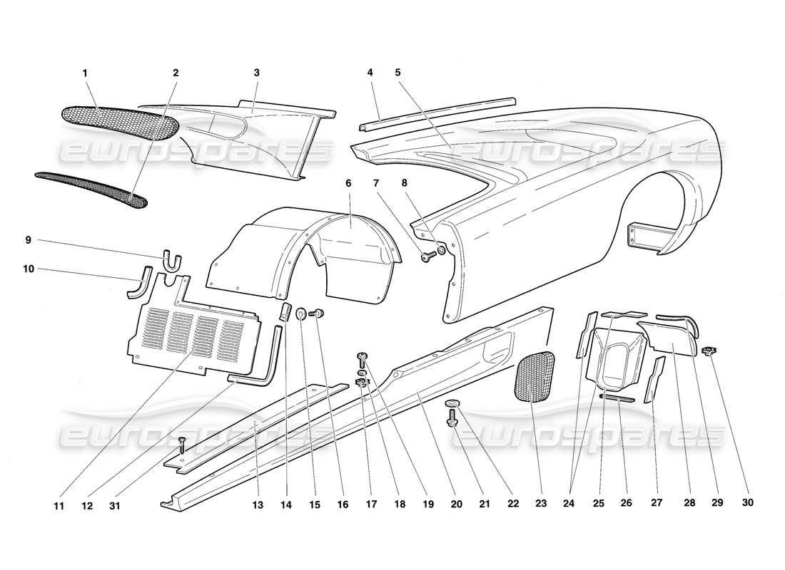 lamborghini diablo sv (1997) elementi del corpo: diagramma della parte del fianco sinistro