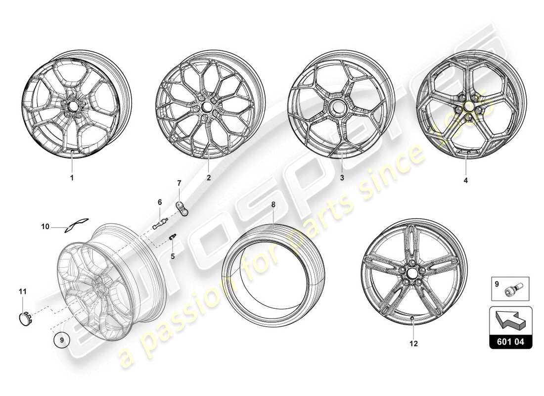 lamborghini evo spyder (2020) ruote/pneumatici diagramma delle parti
