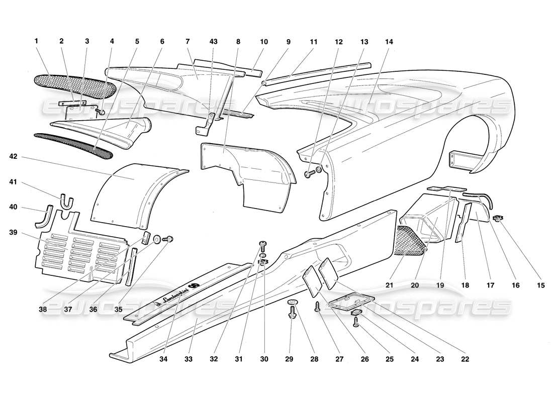 lamborghini diablo se30 (1995) elementi del corpo: fianco sinistro diagramma delle parti