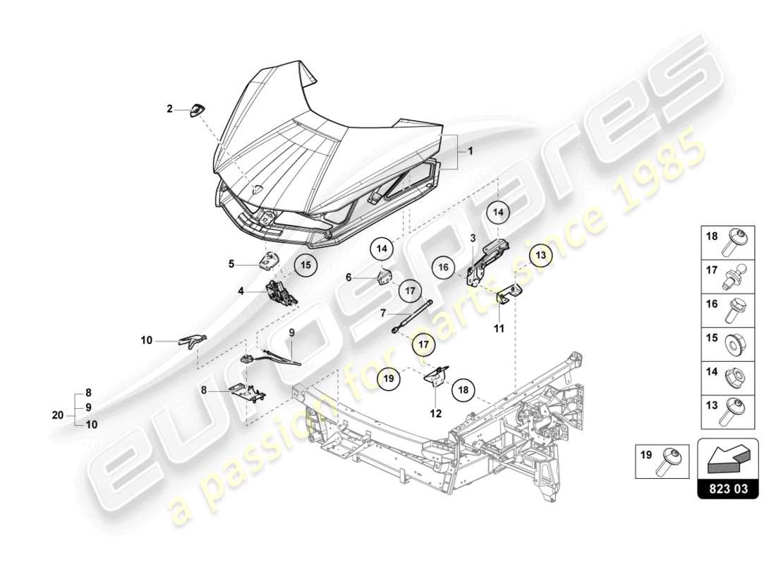 lamborghini sian (2020) diagramma della parte anteriore del cofano