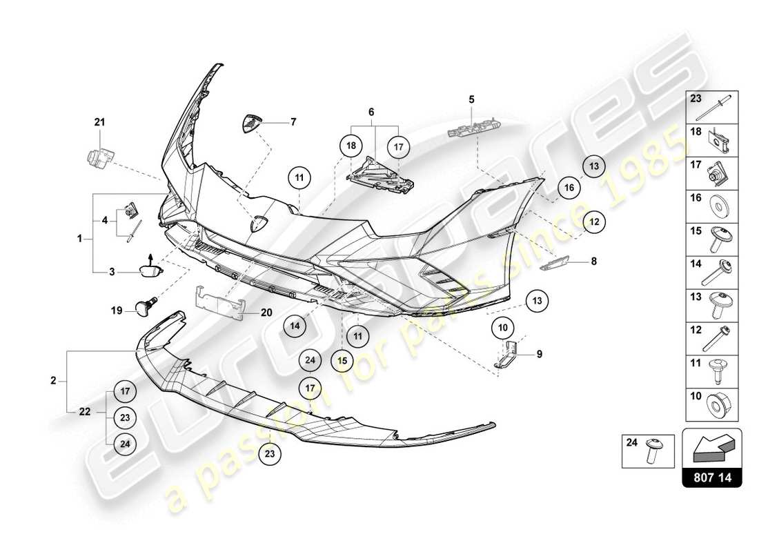 lamborghini evo spyder 2wd (2020) diagramma delle parti del paraurti