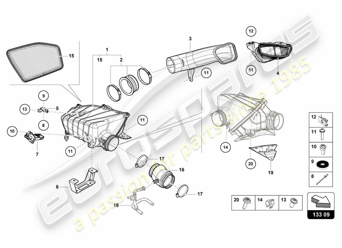 lamborghini performante spyder (2020) alloggiamento del filtro dell'aria diagramma delle parti