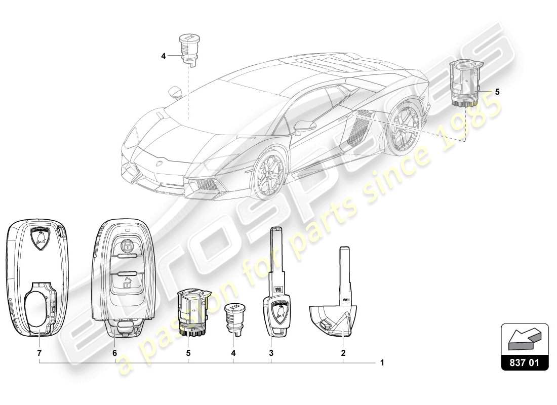 lamborghini 2014 (lp720-4 coupe 50) cilindro serratura con chiavi schema delle parti