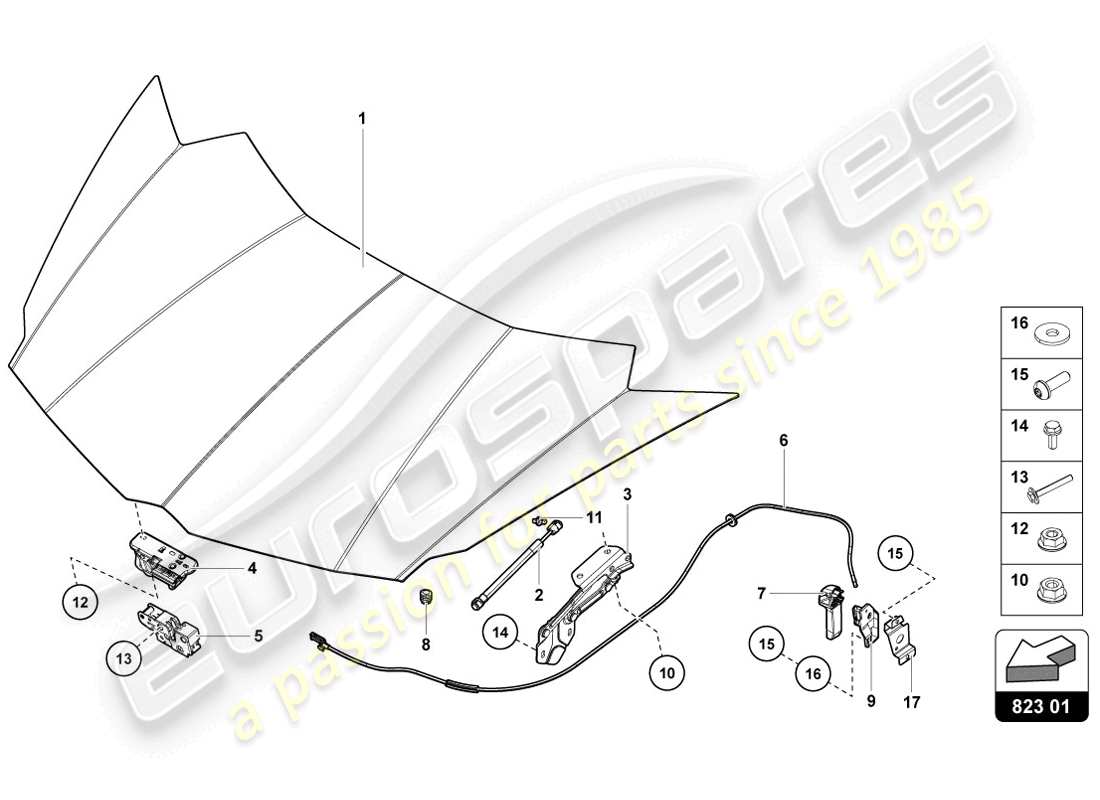 lamborghini 2014 (lp720-4 coupe 50) diagramma delle parti del cofano