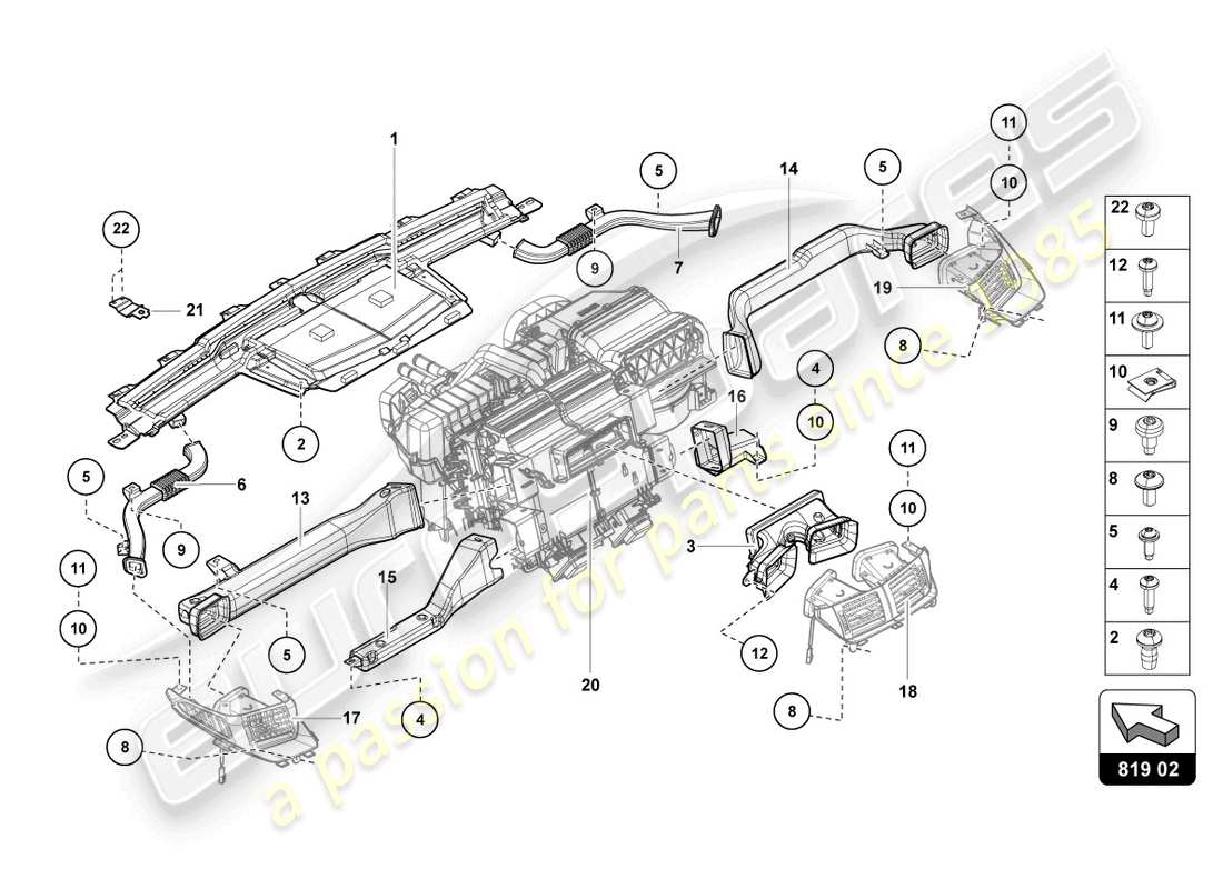 lamborghini 2016 (lp750-4 sv coupe) diagramma delle parti del canale guida dell'aria