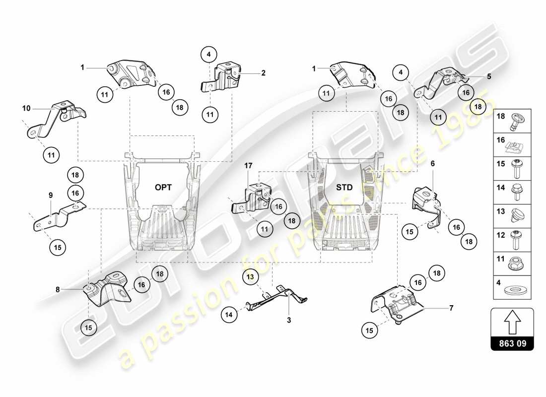lamborghini performante coupe (2020) parti di fissaggio del motore schema delle parti