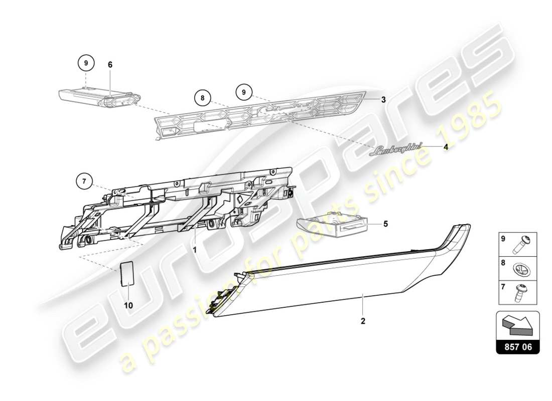 lamborghini performante coupe (2020) diagramma delle parti del vano portaoggetti