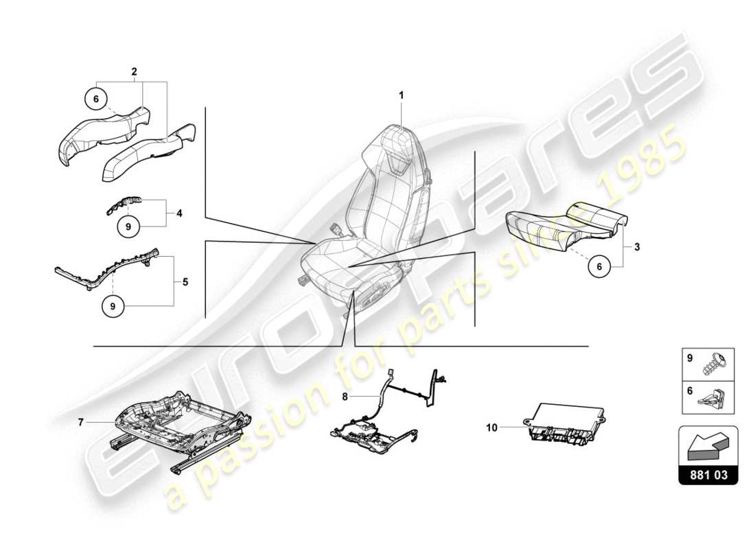 lamborghini 2020 (evo spyder) schema delle parti del box sedile