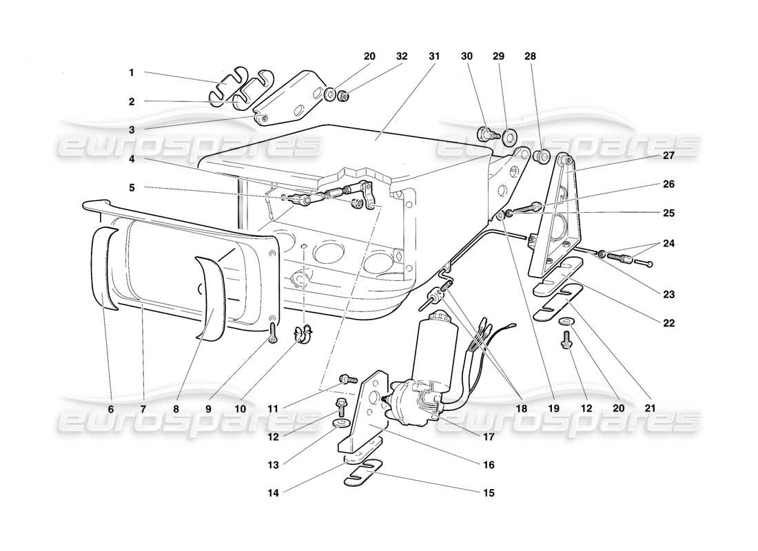 lamborghini diablo sv (1997) diagramma delle parti del sistema di sollevamento della lampada frontale