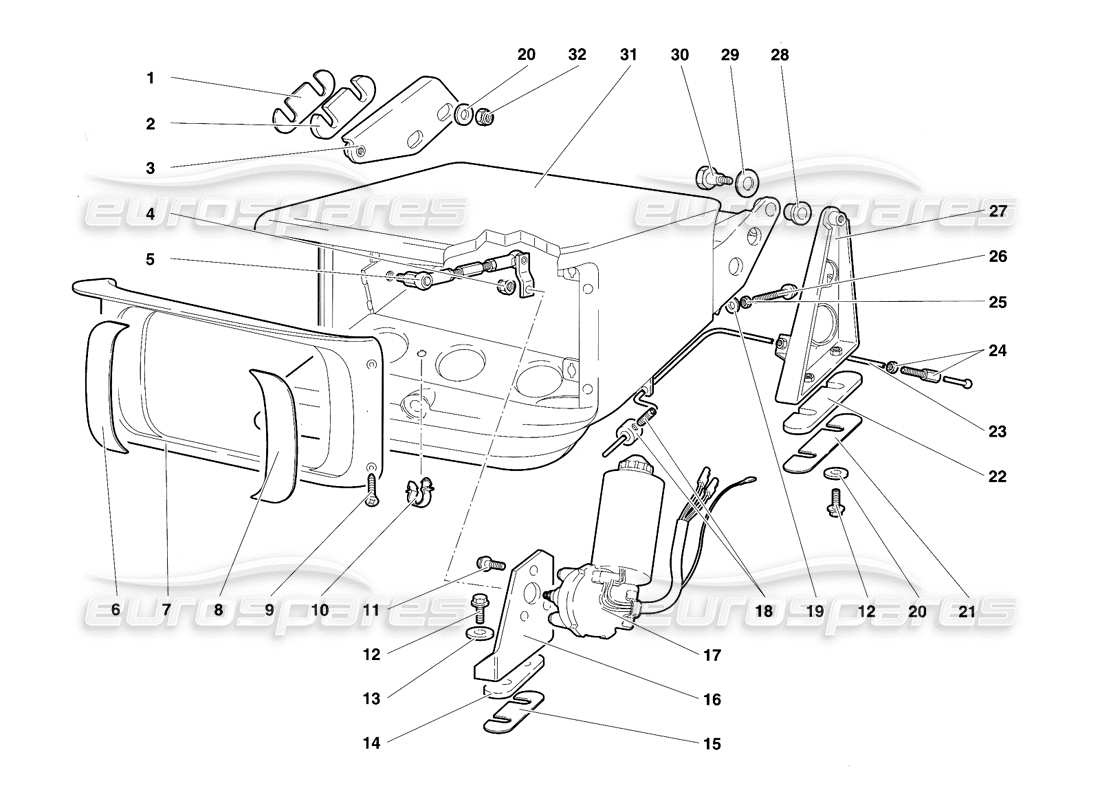 lamborghini diablo se30 (1995) diagramma delle parti del sistema di sollevamento della lampada frontale