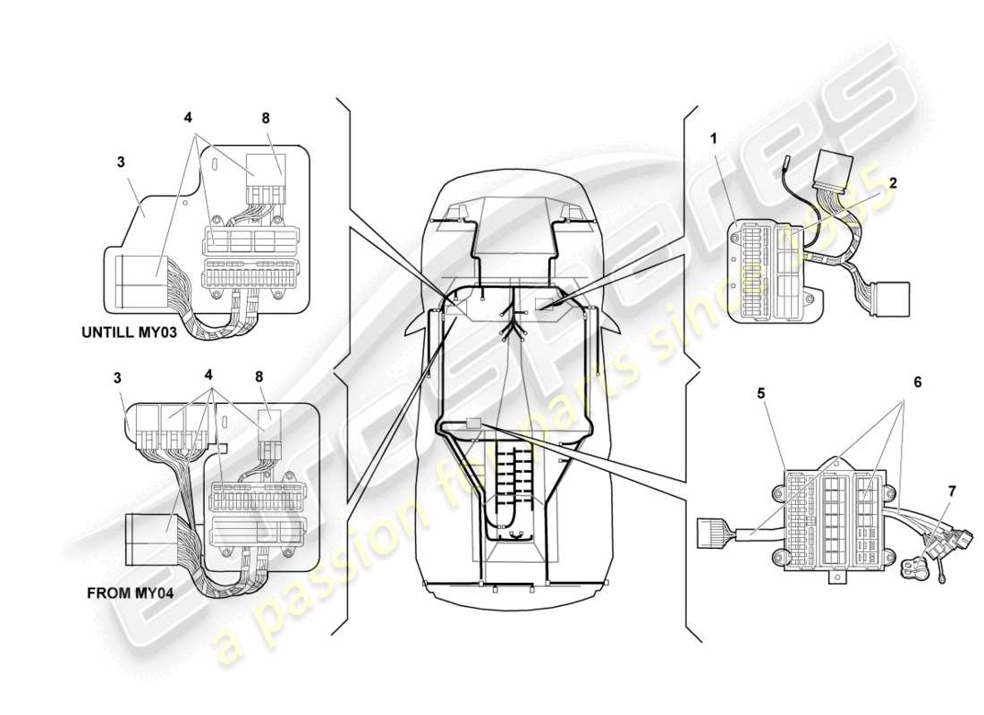 lamborghini murcielago coupe (2003) schema delle parti dell'impianto elettrico centrale