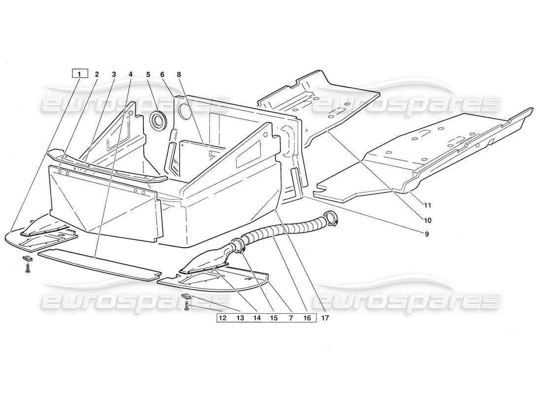 lamborghini diablo (1991) diagramma delle parti dei pannelli del pavimento del telaio (valido per la versione di ottobre 1991).