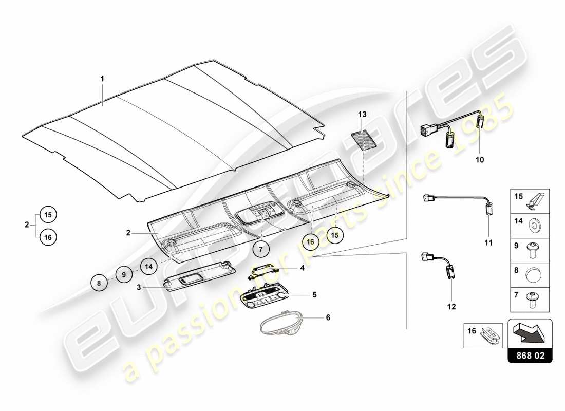 lamborghini lp600-4 zhong coupe (2016) diagramma delle parti del rivestimento del tetto