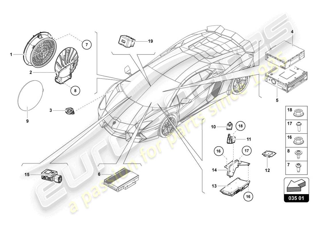 lamborghini 2019 (lp770-4 svj coupe) schema delle parti dell'unità radio