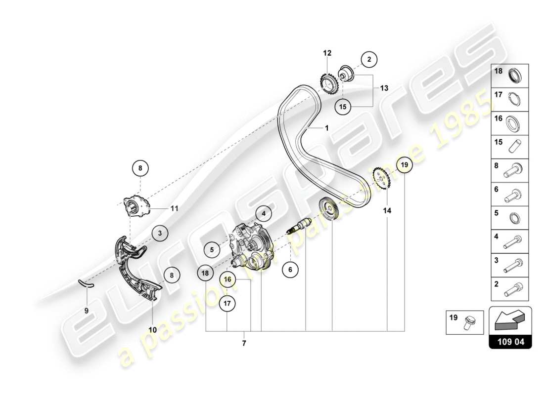 lamborghini 2019 (performante coupe) diagramma delle parti della catena di distribuzione